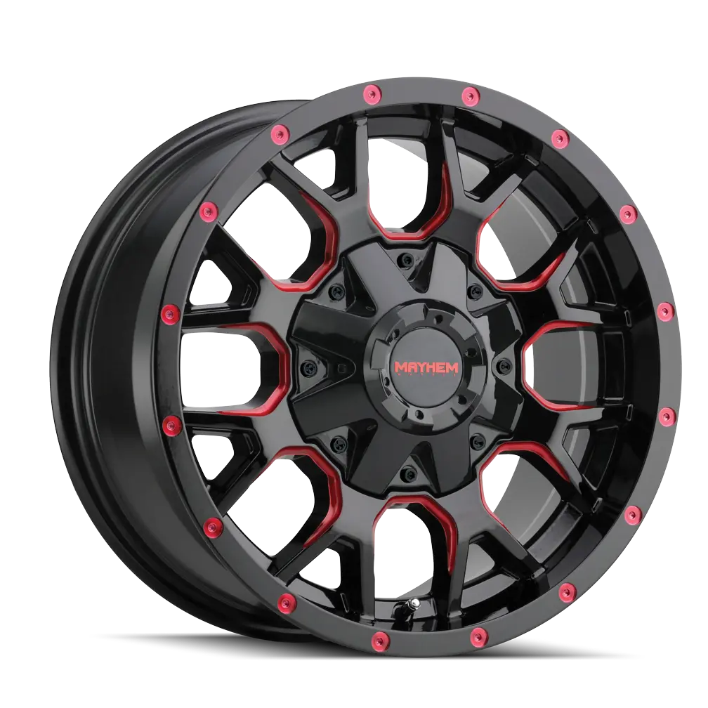 Mayhem Warrior 20X10 6X135 / 6X139.7 ET -25mm Gloss Black Milled Prism Red